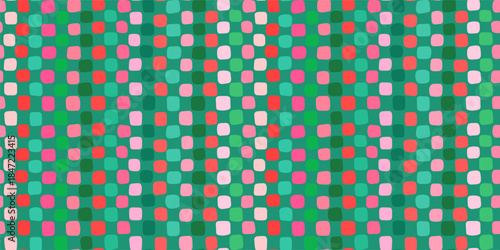Red, green and pink hand painted uneven squares vector seamless pattern, Cute Christmas background