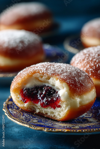 Traditional sweet donuts with powdered sugar and jam. Fat Thursday or Hanukkah celebration. freshly baked jelly donuts stack 