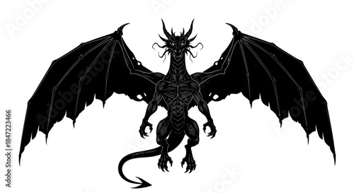 A powerful black dragon soars with its wings spread wide, a fierce vector illustration against a clean white backdrop, perfect for fantasy designs and gaming assets.