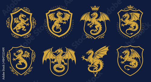 A collection of ornate golden dragon crests and heraldic emblems on a deep blue background, perfect for fantasy-themed designs and branding projects, showcasing detailed vector illustrations.