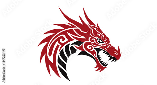 Wallpaper Mural A stylized red dragon head vector illustration, showcasing intricate tribal-inspired patterns and a fierce expression against a clean white backdrop, ideal for branding. Torontodigital.ca