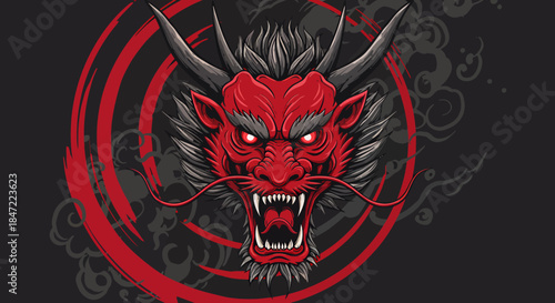 This powerful vector illustration features a fierce red dragon head with glowing eyes and sharp fangs, embodying mythical strength and ancient Asian symbolism.