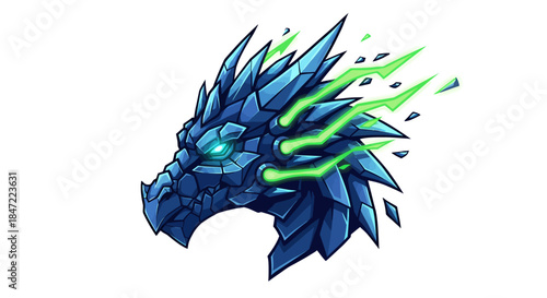 A powerful blue crystal dragon head with glowing green energy emanating from its eyes and neck, depicted as a dynamic vector illustration on white.