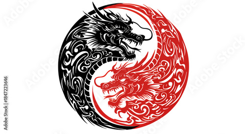 A striking vector illustration showcases a yin and yang symbol artfully composed with two detailed dragon figures, representing balance and harmony on a clean white backdrop.