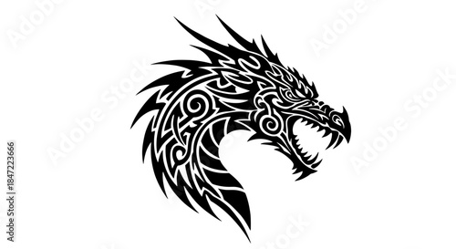 An intimidating dragon head featuring elaborate tribal designs and sharp teeth, presented as a dynamic black vector illustration.