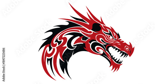 A stylized vector illustration of a dragon's head in red and black, displaying a fierce expression with sharp teeth and dynamic tribal-inspired patterns.