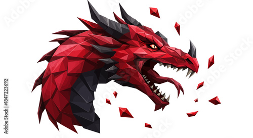 A fierce red geometric dragon head, rendered in a striking vector style, powerfully emerges with sharp polygonal details and glowing magical shards.