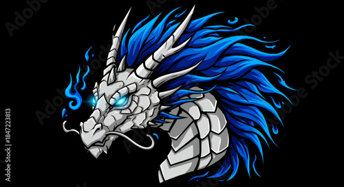 A majestic blue and white fantasy dragon head, intricately detailed with glowing eyes and a fiery mane, presented as a powerful vector illustration on a dark background.
