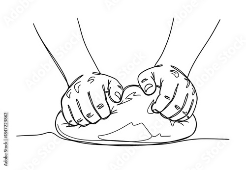 Close up of hands kneading dough on a table, bakery process, artisanal bread making, continuous line art.
