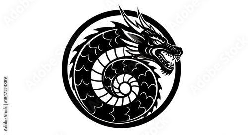 Intricate vector illustration of a coiled, stylized dragon emblem, showcasing detailed scales and a fierce expression, perfect for branding and design applications.