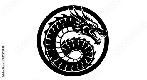 A powerful mythical black and white dragon is depicted in a striking vector illustration, coiled within a circular emblem, symbolizing strength and ancient lore.