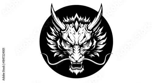 Intricate vector illustration of a majestic dragon head with sharp horns and piercing eyes, set against a contrasting black circle for a bold graphic impact.