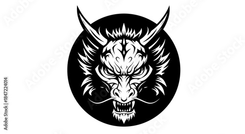 An intimidating oriental dragon head depicted with sharp features and a powerful expression, presented as a monochrome vector graphic suitable for various designs.