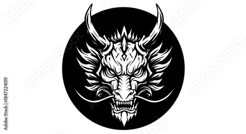 A fierce and detailed mythical dragon head, rendered in a striking monochrome vector style, emerges from a dark circular background, perfect for powerful branding.
