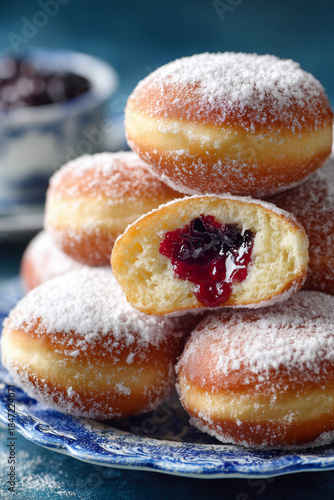 Traditional sweet donuts with powdered sugar and jam. Fat Thursday or Hanukkah celebration. freshly baked jelly donuts stack 