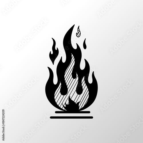 Black and White Stylized Fire Flame Icon Symbol for Danger or Heat