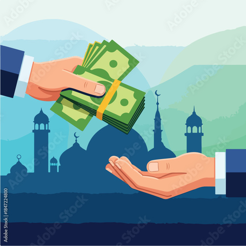 Zakat Illustration Hand Giving Money with Mosque Silhouette.