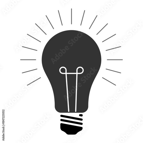 Bright Lightbulb Icon on White Background, The Glow of Inspiration: Simple Vector Graphic of a Lit Bulb, Creative Spark: Symbol of Thought, Innovation, and Solutions