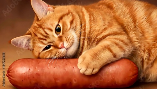 A red-haired cat hugs a sausage