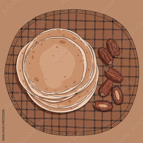Stack of Chapati Flatbreads with Dates on a Checked Mat.