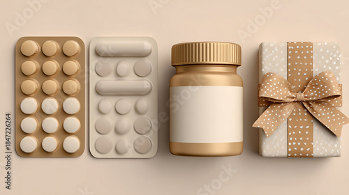Supplement Bottle and Pills in Blister Packs Beside an Elegant Gift Box