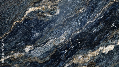 Close-up of a striking, swirling abstract pattern in shades of blue, gold, and white, resembling natural stone