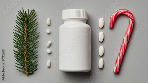 White Pill Bottle with Candy Cane and Spruce Branch on a Light Background