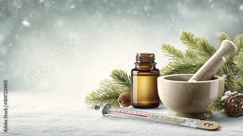 Natural Remedies, Thermometer and Mortar in a Winter Wellness Arrangement