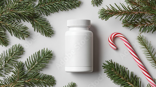 White Pill Bottle with Candy Cane and Spruce Branch on a Light Background