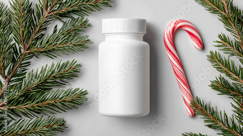 White Supplement Bottle with Candy Cane in a Christmas Holiday Arrangement