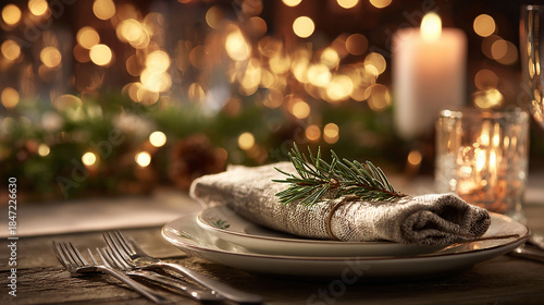 Elegant Christmas Table Setting with Pine Cones and Candlelight