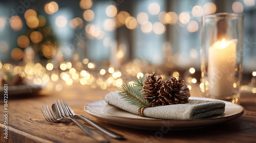 Elegant Christmas Table Setting with Pine Cones and Candlelight