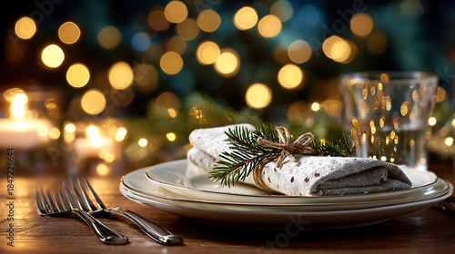 Elegant Christmas Table Setting with Candle, Pine Cones and Fir Branch