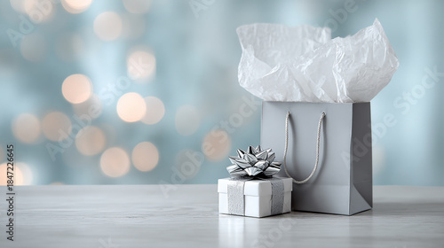 Gray Shopping Bag with White Christmas Gift on a Blue Winter Background