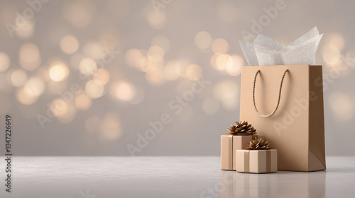 Paper Shopping Bag with Christmas Gift on a Golden Festive Background