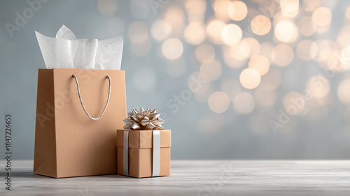 Paper Shopping Bag with a Christmas Gift in a Festive Holiday Setting