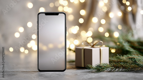 Smartphone with Blank Screen and Christmas Gift on a Bright Winter Background