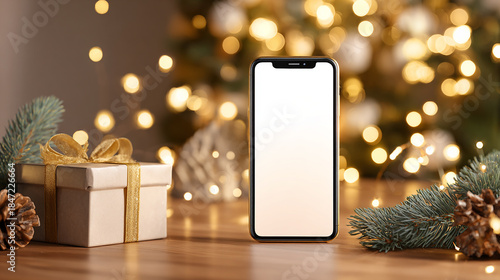 Smartphone with Blank Screen in a Christmas Scene with Holiday Gifts