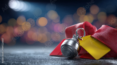 Referee Whistle with Red and Yellow Cards on a Dark Background