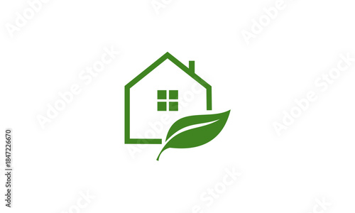 Green house with leaf logo representing eco-friendly living.