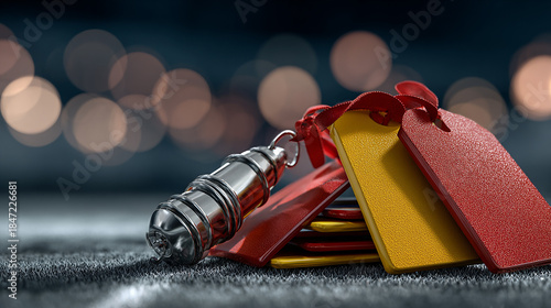 Referee Whistle with Red and Yellow Cards on a Dark Background