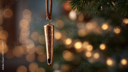 Close Up of a Metal Whistle Hanging from a Christmas Tree Branch