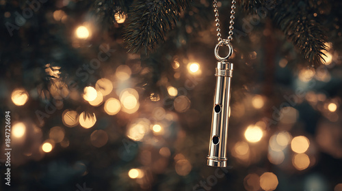 Silver Sports Whistle as a Christmas Tree Ornament with Golden Bokeh