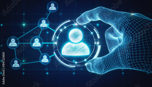 Digital Connection: A human hand interacts with a network of digital profiles, emphasizing the interplay of technology and the individual within a connected world.