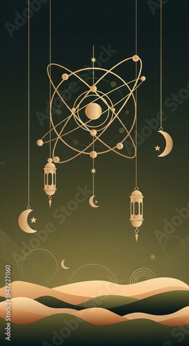 Elegant golden atom-like structure with crescent moons and lanterns suspended over a stylized desert landscape, blending science and cultural motifs.