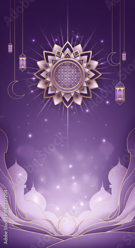 Enchanting purple and gold spiritual background with sacred geometry, lanterns, and lotus motifs, featuring a radiant mandala and crescent moons.