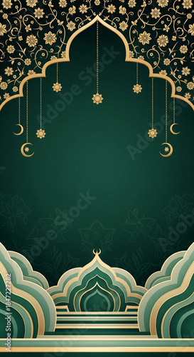 Elegant Islamic background with golden arch, crescent moons, stars, and stylized mosque domes in green and gold, perfect for religious celebrations.