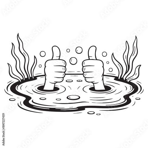 hands reaching out of water illustration symbolizing struggle survival help and rescue concept