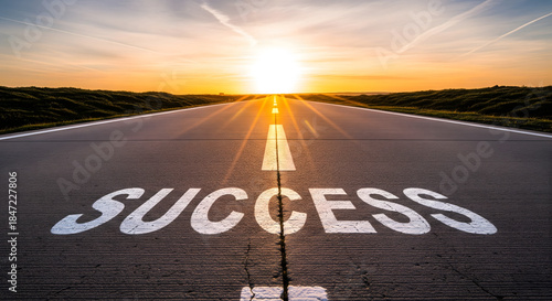 A wide-angle, low perspective shot of a straight road with the word SUCCESS painted on the asphalt, leading toward a bright sunset Generative AI