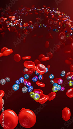 Quadro em tela Flowing red blood cells with vitamin spheres, biological concept of nutrient abs